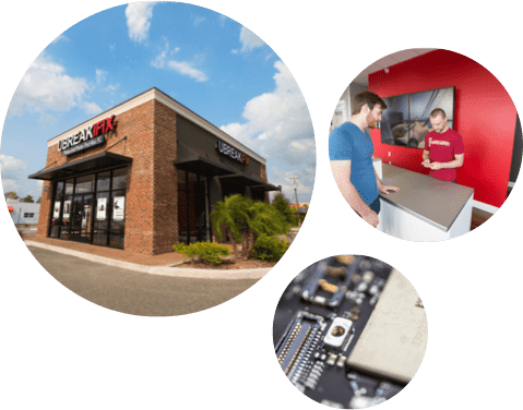 Exterior view of a uBreakiFix store with two employees at a service counter.