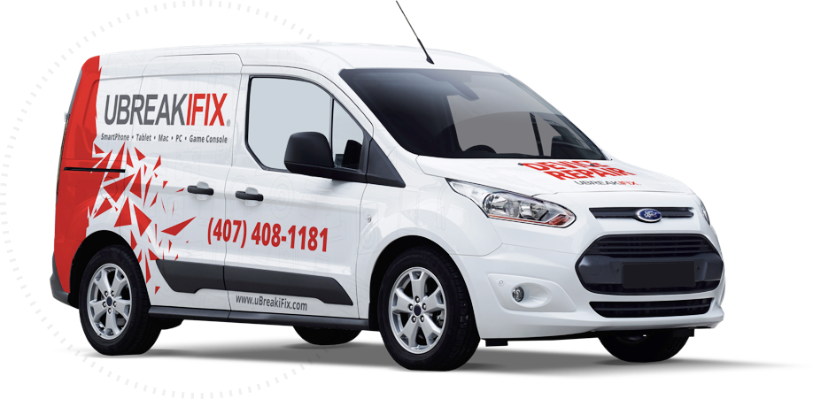 White Ford Transit van with UBREAKFIX branding and contact information on the side.