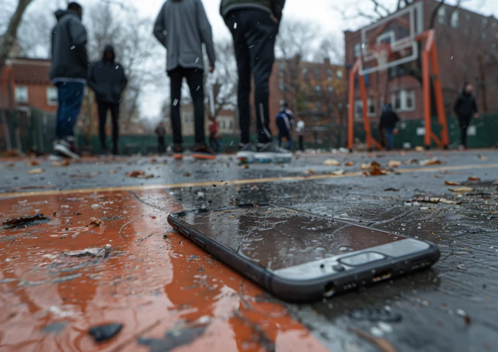 What Are the Best Methods to Repair a Water Damaged Smartphone? 2 Water damaged phone lying on wet ground, illustrating repair methods for fixing water damage in smartphones